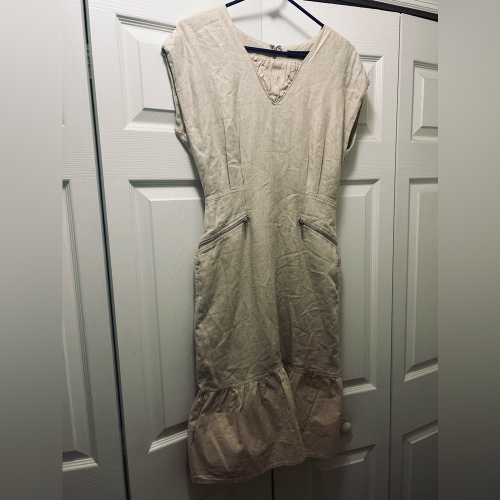 Linen blend dress khaki beige Summer sheath small